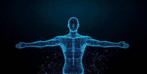 Glowing blue digital human body model isolated on a black background