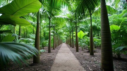 Obraz premium Lush palm trees lining a serene pathway in a tropical setting.