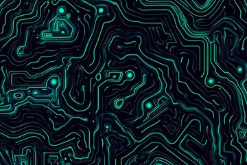 Abstract close-up of a glowing blue digital circuit board, showcasing intricate connections and technological design on a black background.

