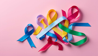 colorful ribbons on pink background, cancer awareness, World cancer day, National cancer survivor day, world autism awareness day