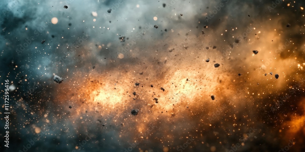 Poster abstract illustration of colorful smoke clouds and sparks emanating from a fiery background with dyn
