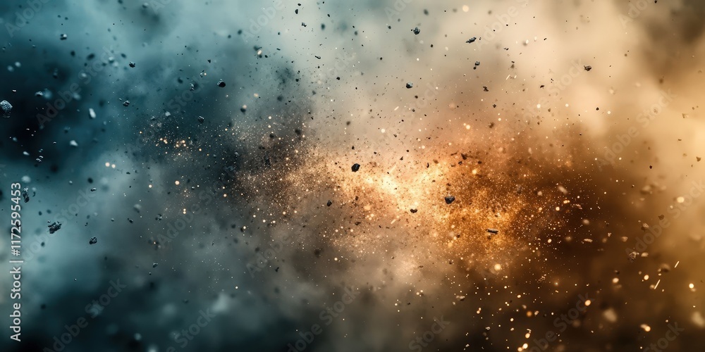 Poster abstract illustration of colorful smoke clouds with sparks and fire effects in a dynamic burst of en