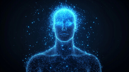 Glowing blue digital human body model isolated on a black background