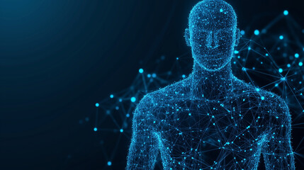 Glowing blue digital human body model isolated on a black background