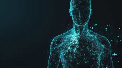 Glowing blue digital human body model isolated on a black background