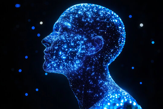 Glowing blue digital human body model isolated on a black background - Powered by Adobe