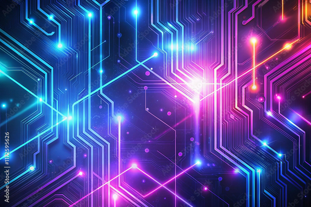 Poster abstract neon circuit board background with glowing lines and nodes.