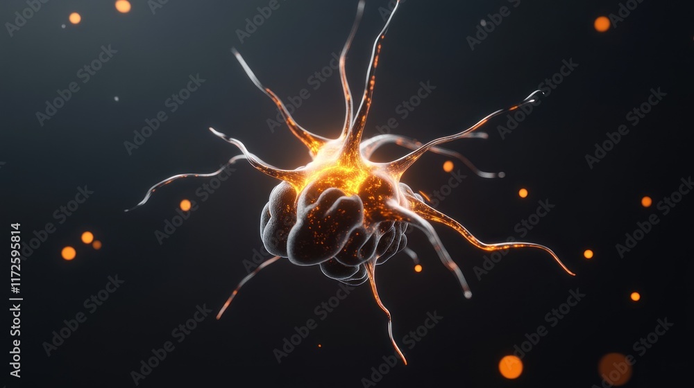 Poster abstract representation of a cell-like structure with glowing elements.