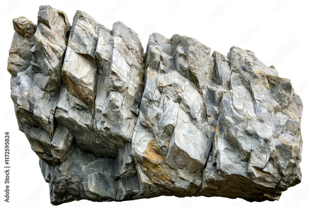 Poster a rugged rock formation with distinct layers and angular edges, showcasing natural textures and a va