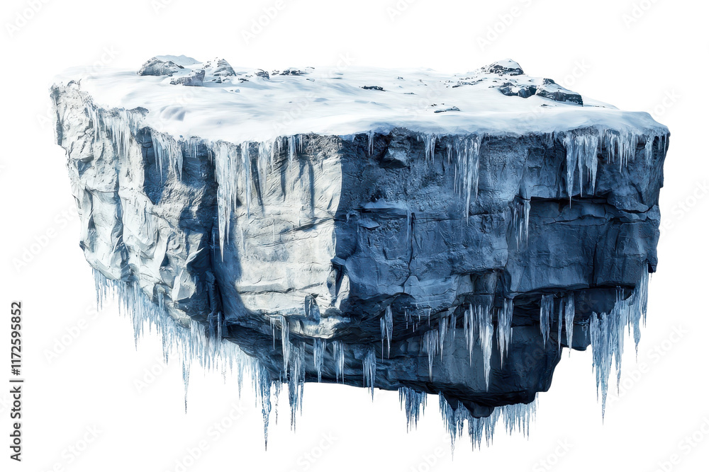 Poster a large ice block with sharp edges and icicles hanging from its base, showcasing a rugged, crystalli