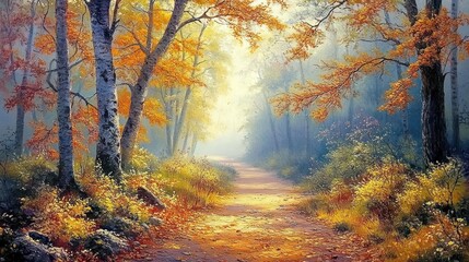 Obraz premium Sunlit path through autumnal forest with colorful leaves and fog.