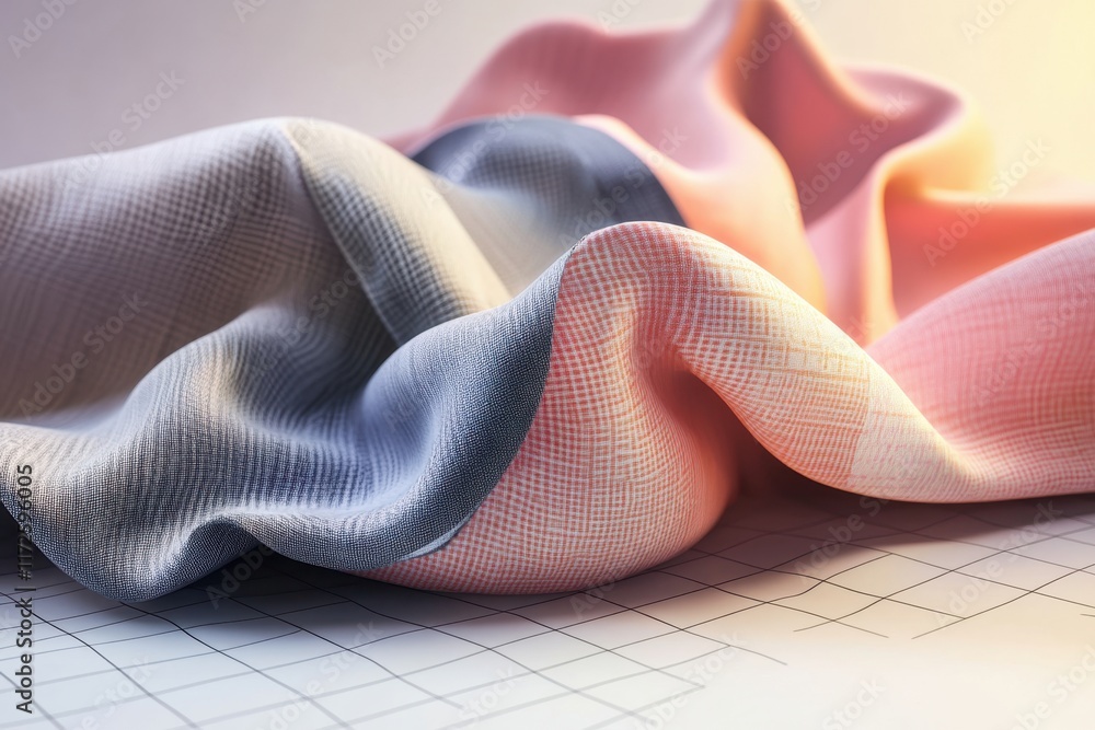 Poster Textured fabric draped artistically on a background with grid pattern creating gentle folds