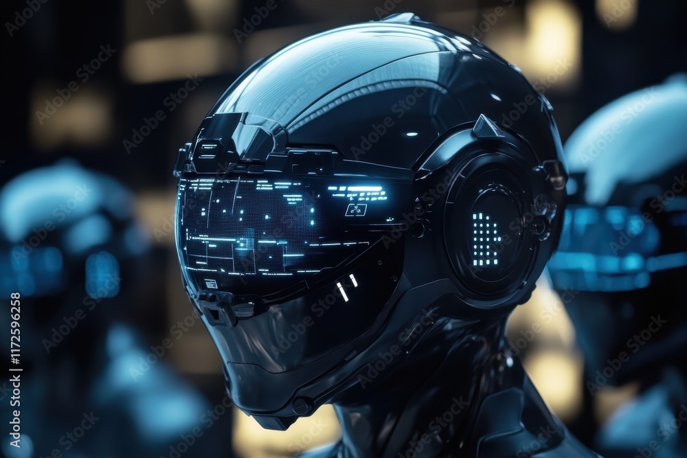 Aufkleber futuristic humanoid robots with high-tech helmets showcase advanced technology and design