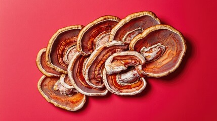Fototapeta premium Artistic view of Reishi mushrooms arranged on a vibrant red background, photographed with soft lighting for a natural look.