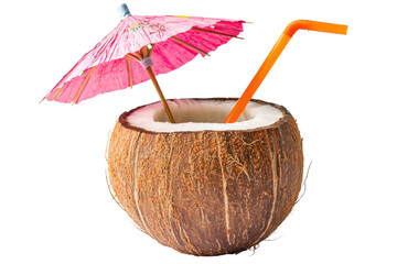 A coconut filled with refreshing liquid, topped with a colorful umbrella and a straw, offering a tropical drink experience.