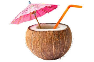 A coconut filled with refreshing liquid, topped with a colorful umbrella and a straw, offering a tropical drink experience.
