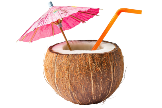 A coconut filled with refreshing liquid, topped with a colorful umbrella and a straw, offering a tropical drink experience.