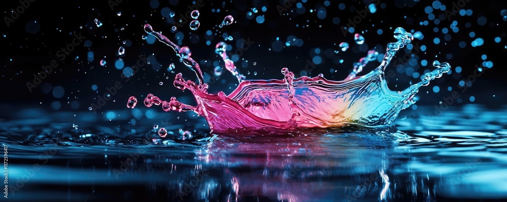 Poster splash abstract background concept. vibrant water splash with colorful droplets against a dark backg
