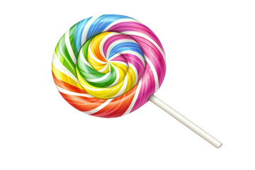 A colorful swirled lollipop with vibrant hues, showcasing a playful design and a classic white stick.