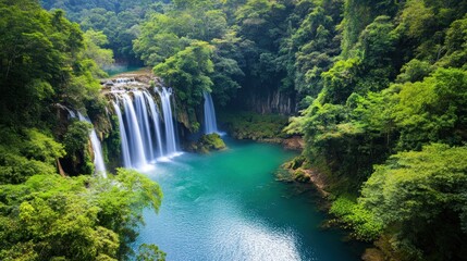 Serene waterfall cascading into a turquoise pool surrounded by lush greenery.