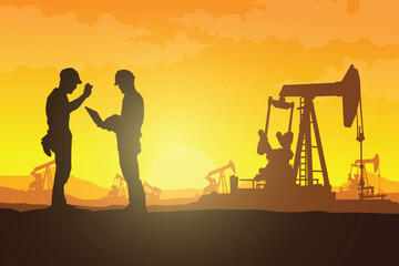 Oil pumpjack Vector, Silhouette of jack up drilling rig, illustration for background.