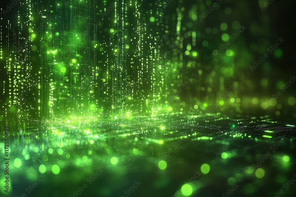 Poster abstract green technology background with bright particles and light effects for futuristic and exci