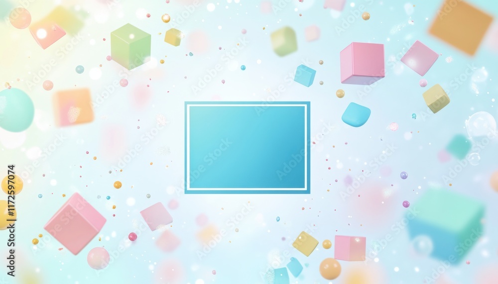 Poster a blue rectangle in the center of an animated background with pastel-colored cubes and spheres float