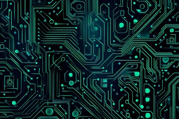 Abstract close-up of a glowing blue digital circuit board, showcasing intricate connections and technological design on a black background.
