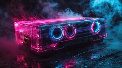 Neon Retro Cassette Tape in Smoky Atmosphere