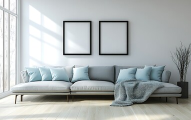 Modern sectional sofa in bright living room, sunlight streams through window, empty frames on wall, cozy interior design for home decor magazines.