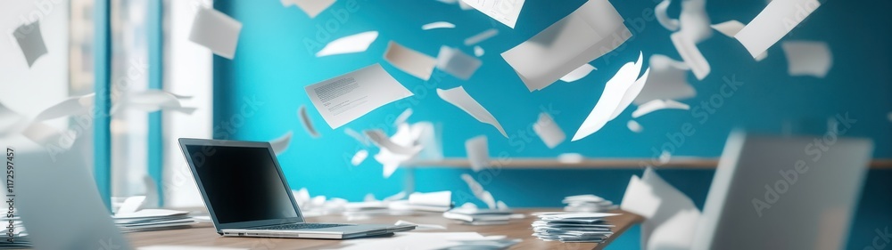 Poster a laptop is on a desk with a pile of papers flying around it. concept of chaos and disorganization, 
