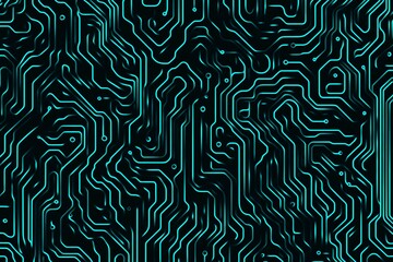 Abstract close-up of a glowing blue digital circuit board, showcasing intricate connections and technological design on a black background.
