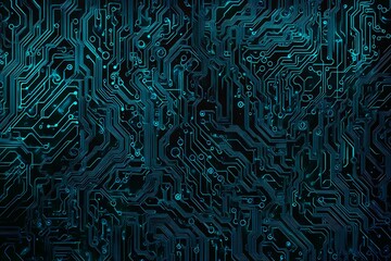 Abstract close-up of a glowing blue digital circuit board, showcasing intricate connections and technological design on a black background.
