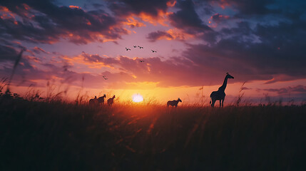 Obraz premium African Sunset Silhouette: Giraffe and Zebras at Golden Hour in the Savannah