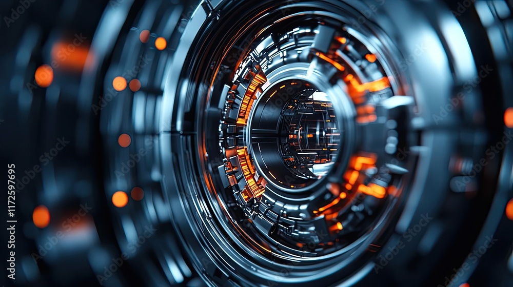 Poster metallic abstract background concept. futuristic close-up of a mechanical structure with vibrant ora