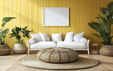 Yellow wall living room, white sofa, plants, mockup.