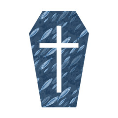Obraz premium Catholic cross on the silhouette of the coffin with sardine fish pattern in honor of the sardine funeral festival in Spain.Watercolor hand-drawn clipart on transparent background for print production