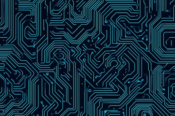 Abstract close-up of a glowing blue digital circuit board, showcasing intricate connections and technological design on a black background.
