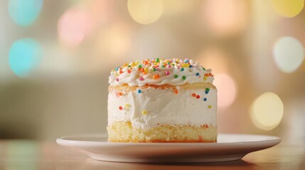 A small white cake with rainbow sprinkles on top. The cake is sitting on a white plate on a table