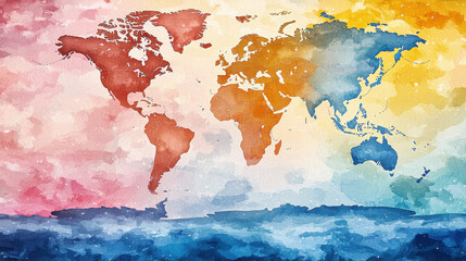 Watercolor world map on cloudy sky background for educational or decorative use