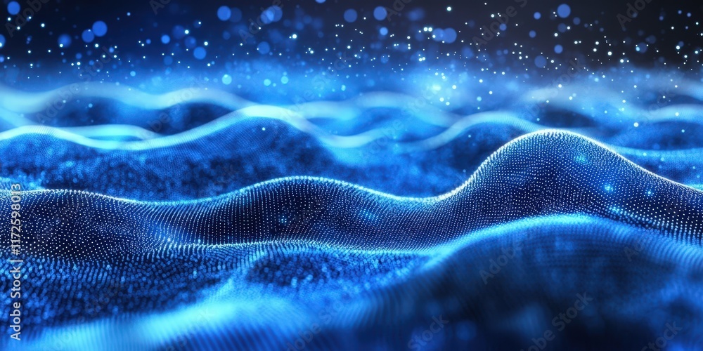 Poster abstract cold blue background with subtle motion and soft waves reflecting light particles in a digi