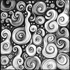 Fototapeta premium Abstract swirls in doodle style, chaotic yet clean hand-drawn lines, black and white, with a touch of vibrant color, minimal design energy.