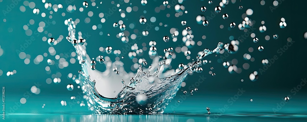 Poster Splash abstract background concept. A stunning splash of water creating ripples and bubbles in a serene aqua background.