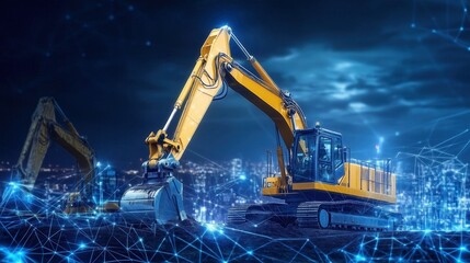 Excavator working on a construction site with network connection representing smart industrial technology