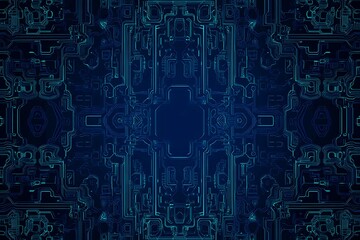Abstract close-up of a glowing blue digital circuit board, showcasing intricate connections and technological design on a black background.
