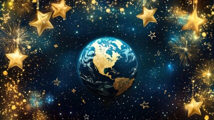 Festive Earth surrounded by golden stars and fireworks.