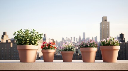 Fototapeta premium A serene rooftop garden with terracotta pots filled with vibrant flowers, set against a backdrop of a city skyline.