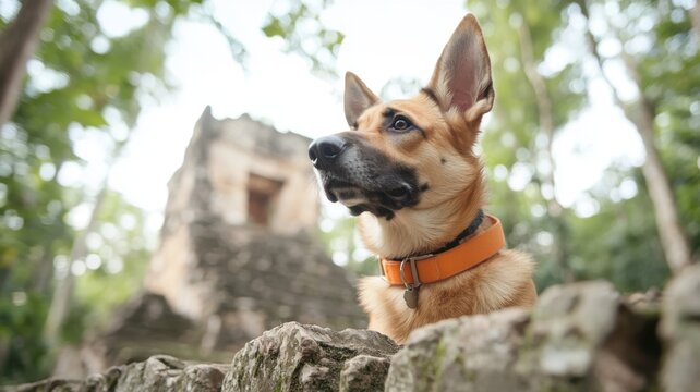 A dog with an orange collar sits near ancient ruins in a lush forest.
