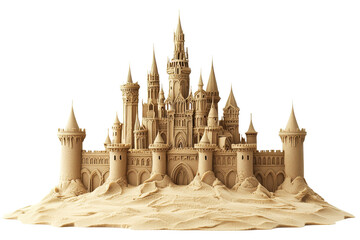A detailed sand castle featuring numerous towers, spires, and intricate architectural elements.
