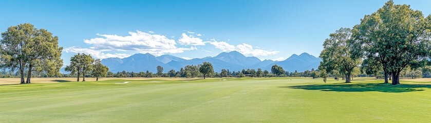 Fototapeta premium Stunning grass course with majestic mountain views, golfer paradise scenic